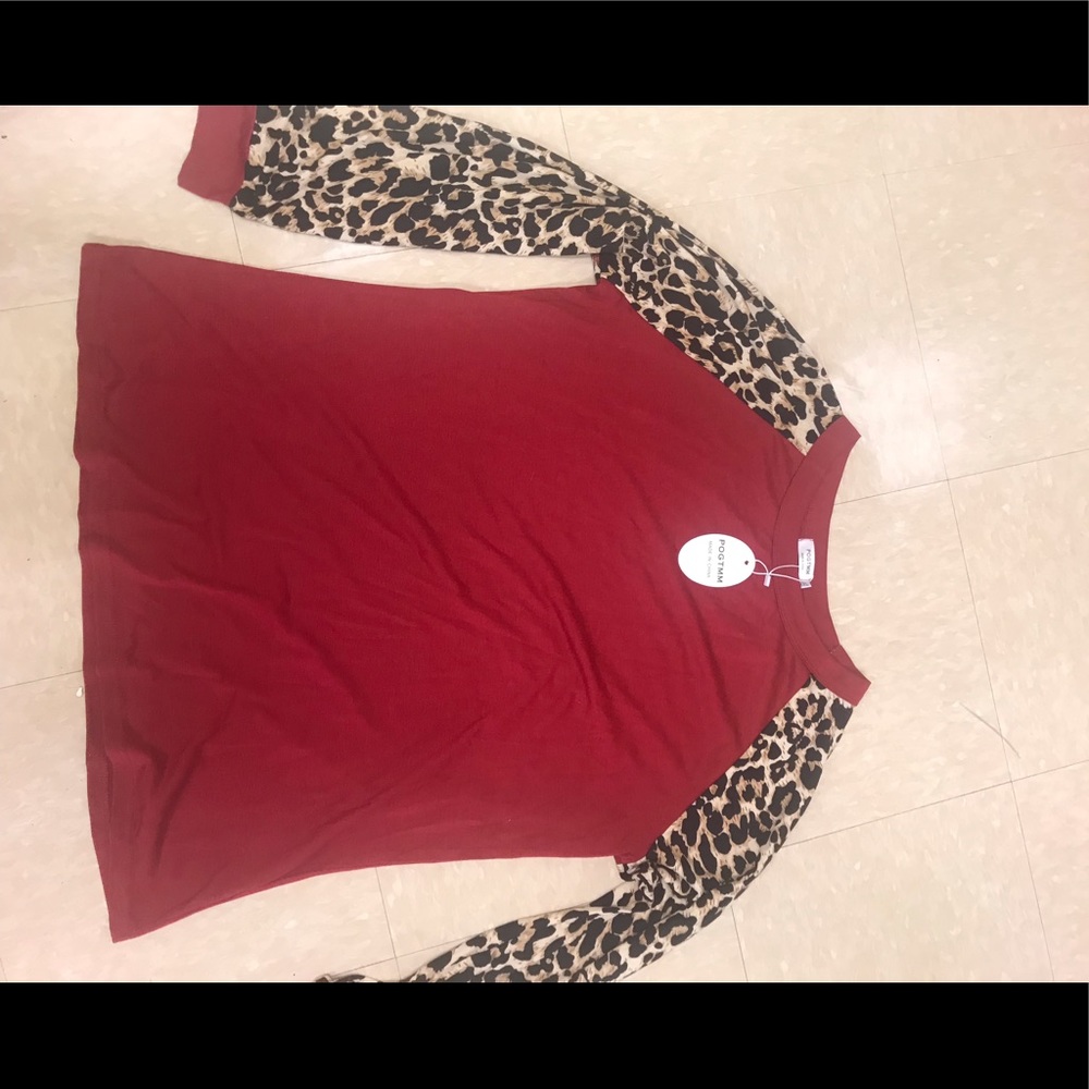 Red long sleeve top with leopard print sleeves